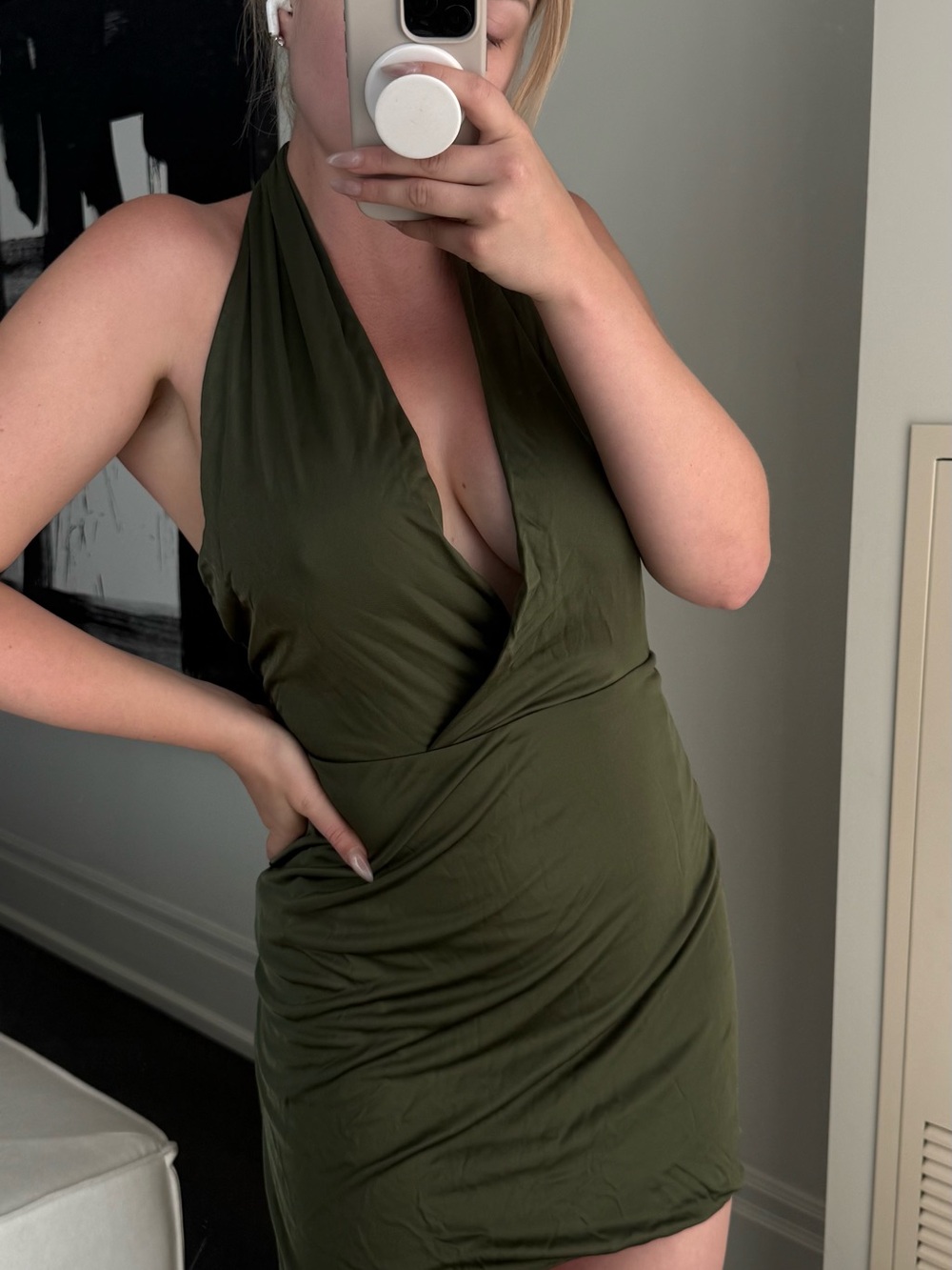 Saint Laurent Olive Halter Mini Dress with monogram closure